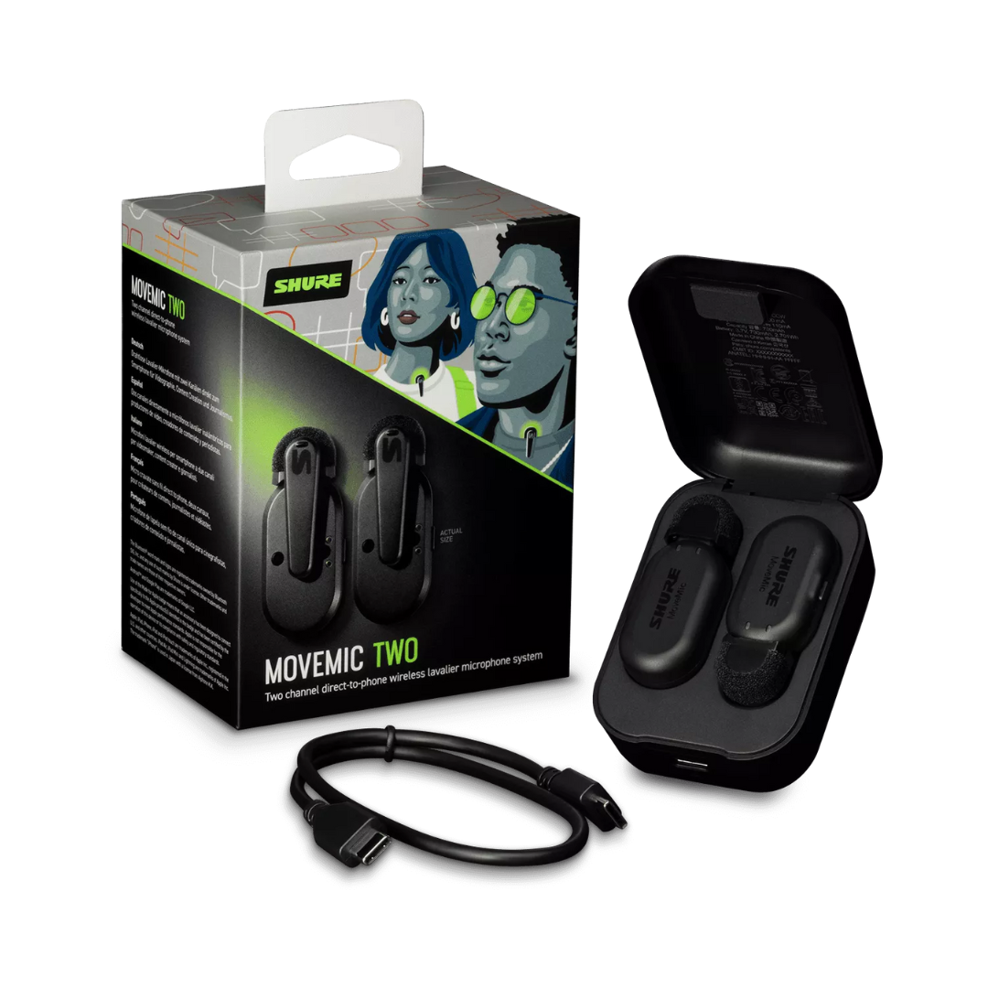Shure MoveMic Two – Two-Channel Wireless Lavalier Microphones, with Charge Case (MV-TWO-Z6)